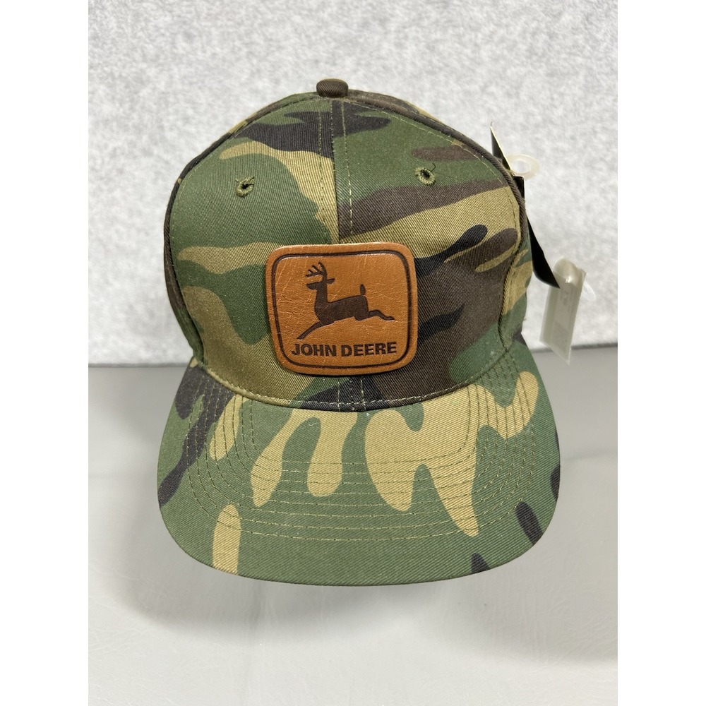 Vintage NWT John Deere Green Brown Camouflage Snapback Hat Leather Patch